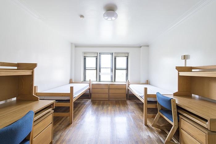 Morewood Gardens Semi-Suite Double - three windows two beds desks and a hardwood floor